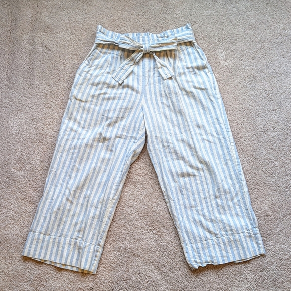 Madewell Blue/White Stripe Tie Waist Pull On Cropped Wide Leg Pants, Size L - Picture 2 of 5